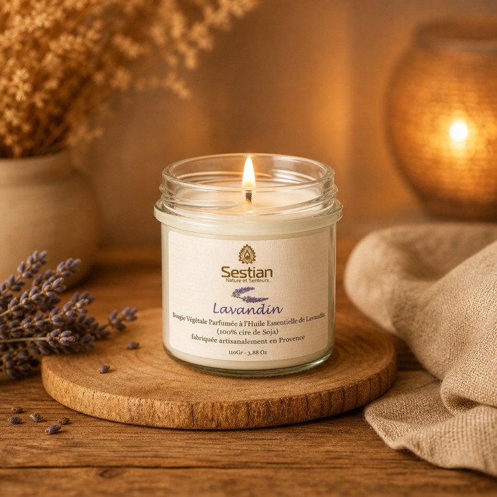 Bougie Naturelle Lavandin – Gamme S 110g (28h) Aux huiles essentielles – Apaisante & relaxante