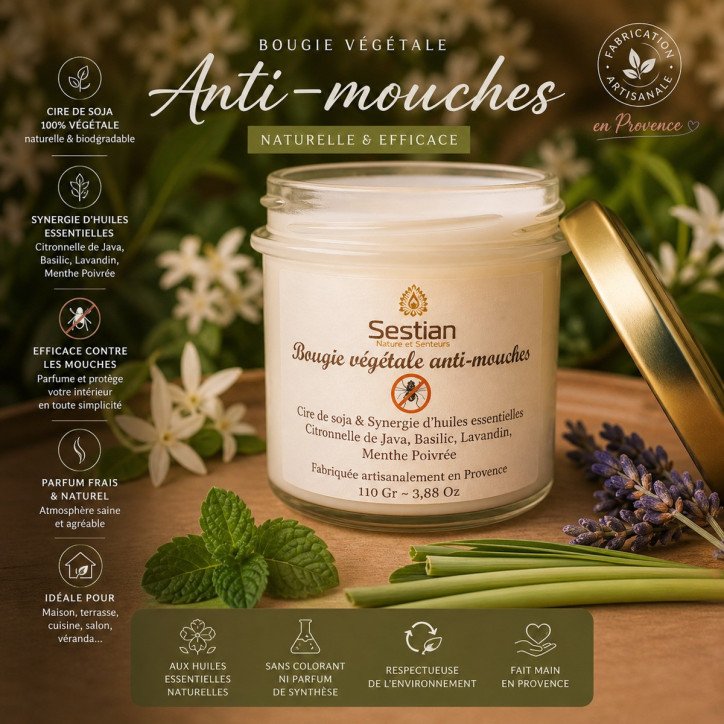 Bougie Végétale Anti-Mouches – 110g (28h)
Aux huiles essentielles – Naturelle & efficace