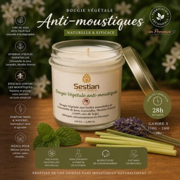 Bougie Végétale Anti-Moustiques – Gamme S 110g (28h)
Aux huiles essentielles – Naturelle, efficace & bien-être