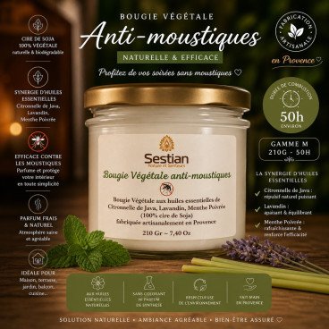 Bougie Végétale Anti-Moustiques – Gamme M 210g (50h)
Aux huiles essentielles – Naturelle, efficace & longue durée