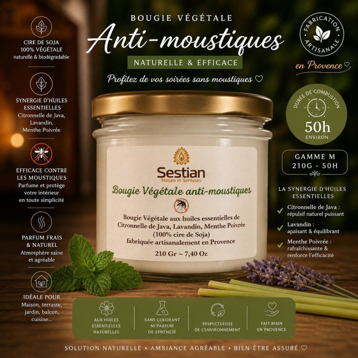 Bougie Végétale Anti-Moustiques – Gamme M 210g (50h)
Aux huiles essentielles – Naturelle, efficace & longue durée