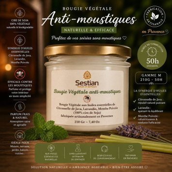 Bougie Végétale Anti-Moustiques – Gamme M 210g (50h)
Aux huiles essentielles – Naturelle, efficace & longue durée