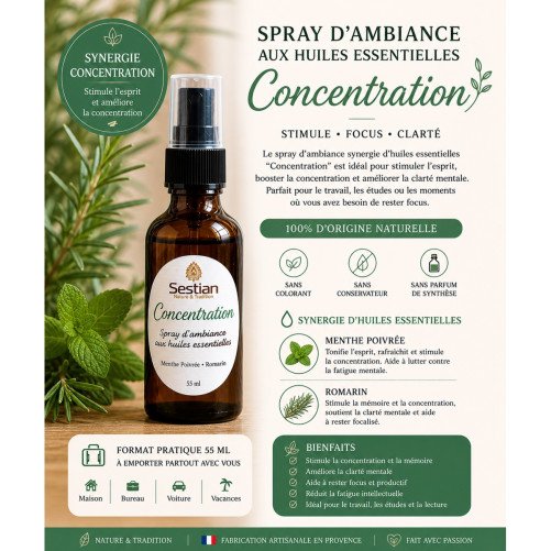 Spray d’ambiance “Concentration” – 55 ml
Stimule • Focus • Clarté