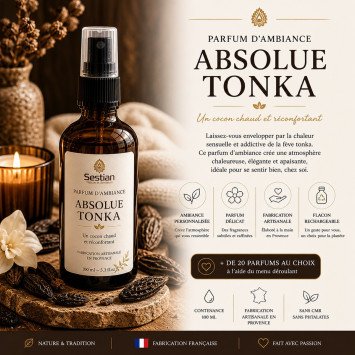 Parfum d’ambiance Absolue Tonka – Spray maison 100 ml
Parfum intérieur artisanal – ambiance chaleureuse et élégante