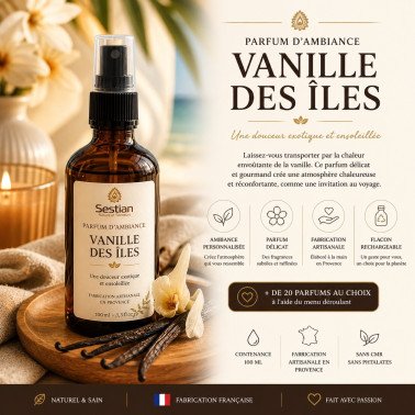 Parfum d’ambiance Vanille des Îles – 100 ml Spray parfum maison gourmand & chaleureux – fabrication artisanale