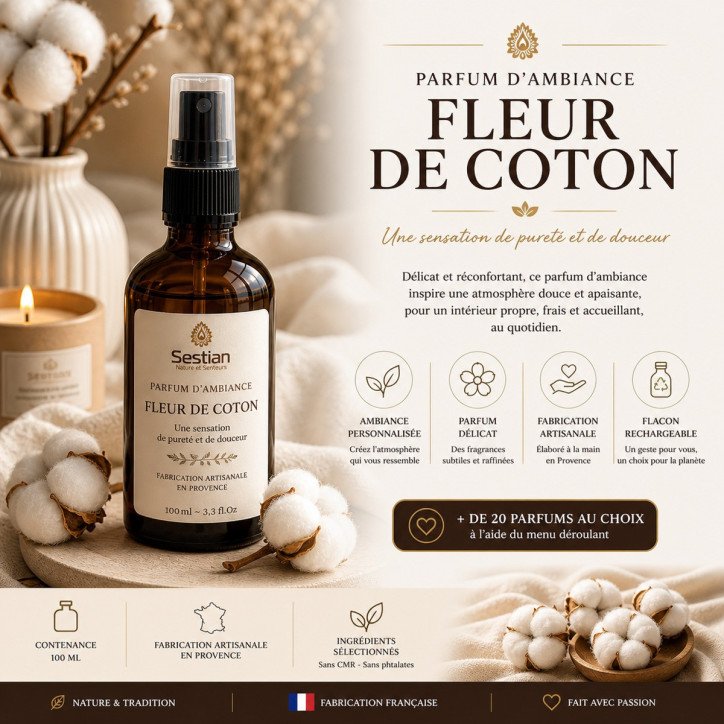 Parfum d’ambiance Fleur de Coton – 100 ml
Spray parfum maison frais & apaisant – fabrication artisanale