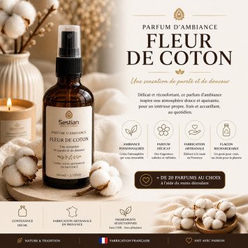 Parfum d’ambiance Fleur de Coton – 100 ml
Spray parfum maison frais & apaisant – fabrication artisanale