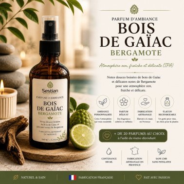 Parfum d’ambiance Bois de Gaïac & Bergamote – 100 ml Spray parfum maison boisé & frais – ambiance zen – fabrication artisanale
