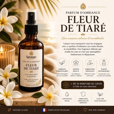 Parfum d’ambiance Fleur de Tiaré – 100 ml
Spray parfum maison exotique & solaire – fabrication artisanale