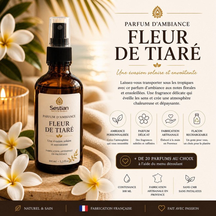 Parfum d’ambiance Fleur de Tiaré – 100 ml
Spray parfum maison exotique & solaire – fabrication artisanale