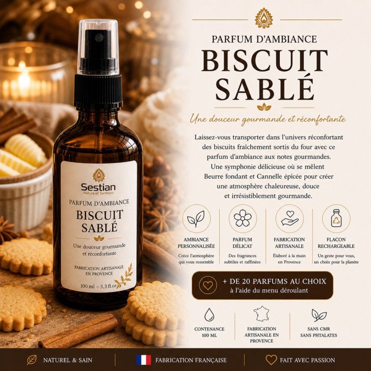 Parfum d’ambiance Biscuit Sablé– 100 ml Spray parfum maison. Gourmand, doux et réconfortant