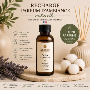 Recharge parfum d’ambiance naturelle – Fabrication artisanale en Provence – +20 parfums au choix
