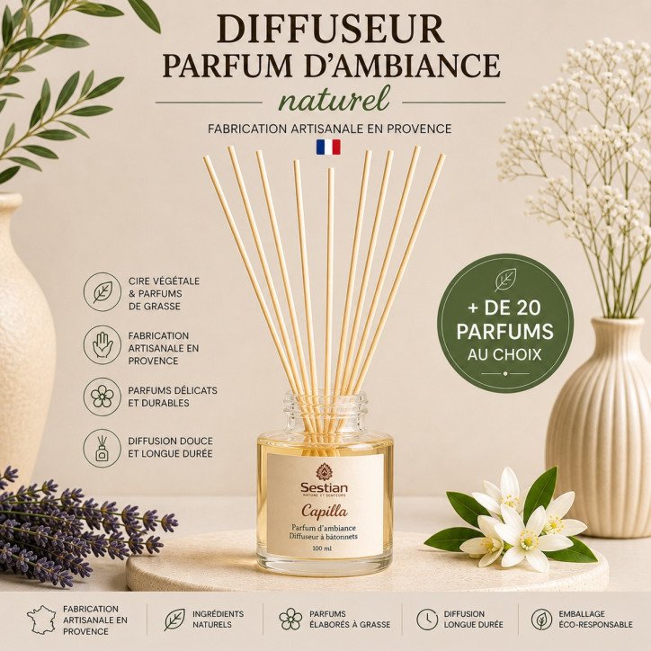 Diffuseur parfum d’ambiance naturel Capilla – Fabrication artisanale en Provence – +20 parfums au choix