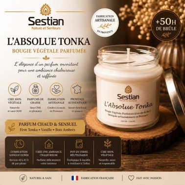 Bougie végétale parfumée L’Absolue Tonka  Gamme M– Chaleureuse, sensuelle et réconfortante