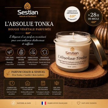 Bougie végétale L’Absolue Tonka 110g – Cire de soja & fabrication artisanale | Sestian Nature et Senteurs