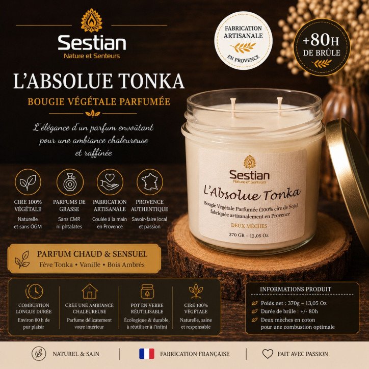 Bougie végétale parfumée L’Absolue Tonka XL – 2 mèches – 370g
