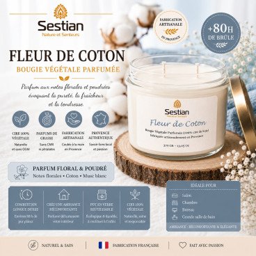 Bougie naturelle parfumée Fleur de Coton 370 Gr XL 2 mèches