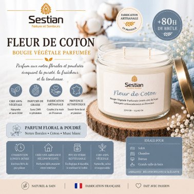 Bougie végétale parfumée Fleur de Coton XL – 370g – 2 mèches Bougie végétale parfumée Fleur de Coton XL – 370g – 2 mèches