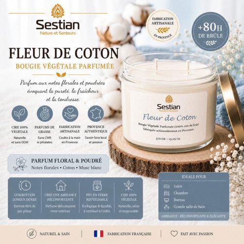 Bougie naturelle parfumée Fleur de Coton 370 Gr XL 2 mèches