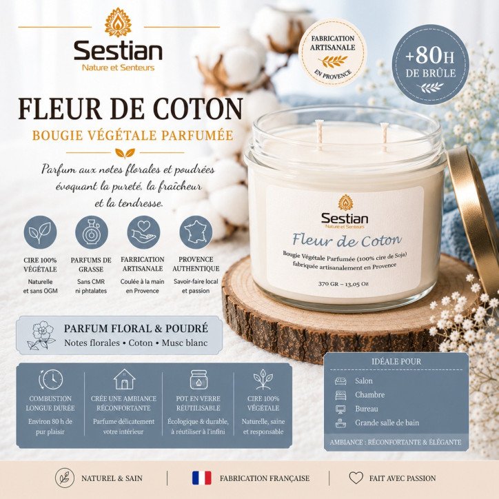 Bougie végétale parfumée Fleur de Coton XL – 370g – 2 mèches