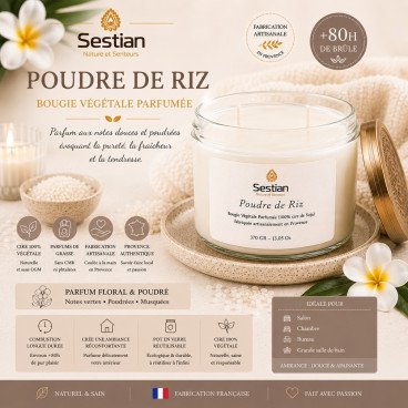 Bougie végétale parfumée Poudre de Riz XL – 370g – 2 mèches