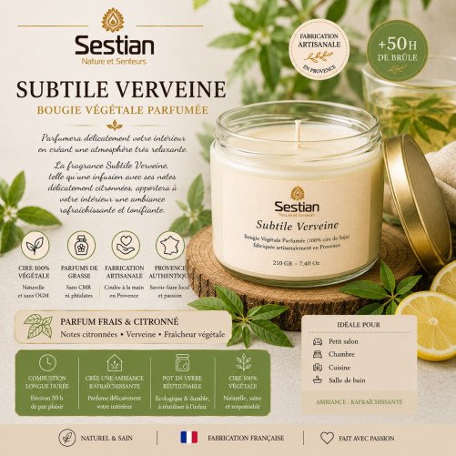 Bougie végétale parfumée Subtile Verveine 210g – Fraîcheur végétale et relaxante