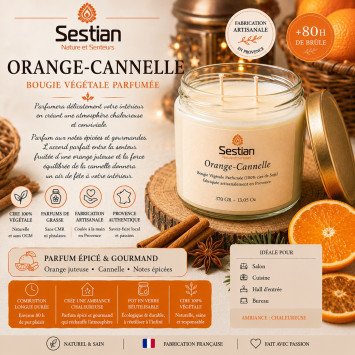 Bougie végétale parfumée Orange-Cannelle XL – 370g – 2 mèches