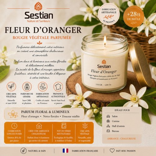Bougie végétale parfumée Fleur d’Oranger 110g – Douce et lumineuse