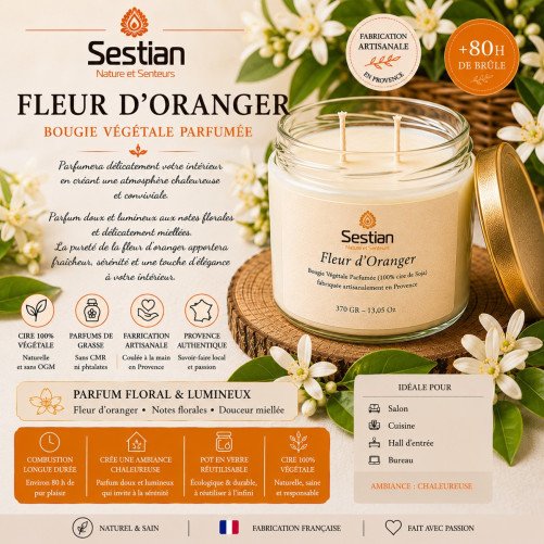 Bougie naturelle parfumée Fleur d'Oranger 370 Gr XL 2 mèches