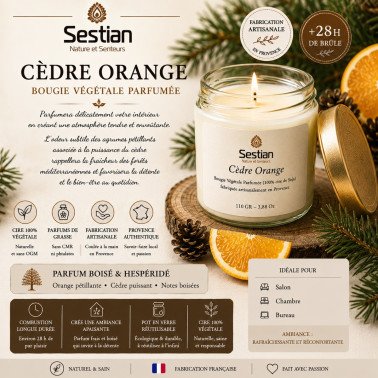 Bougie végétale parfumée Cèdre Orange 110g – Boisée et chaleureuse Bougie végétale parfumée Cèdre Orange 110g – Boisée et chaleureuse