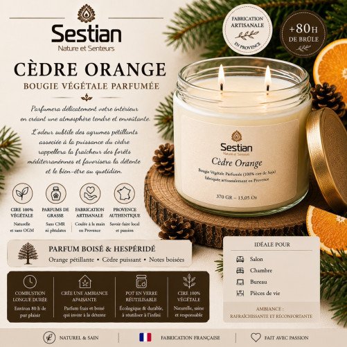 Bougie végétale parfumée Cèdre Orange XL – 370g – 2 mèches