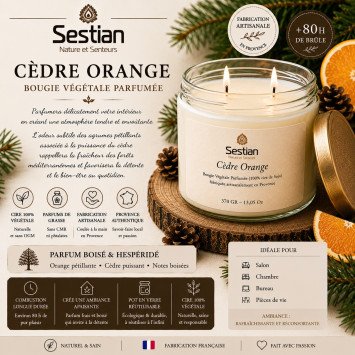 Bougie végétale parfumée Cèdre Orange XL – 370g – 2 mèches