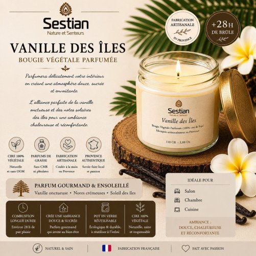 Bougie naturelle parfumée Vanille des Iles 110 Gr