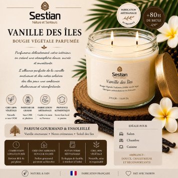 Bougie végétale parfumée Vanille des Îles XL – 370g – 2 mèches