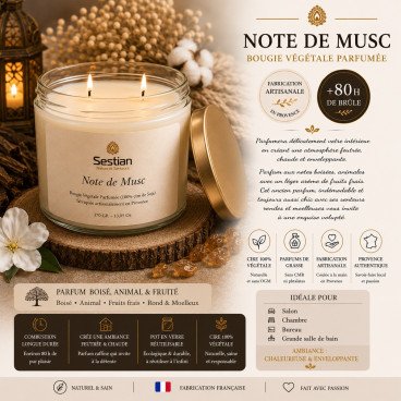 Bougie végétale parfumée Note de Musc XL – 370g – 2 mèches