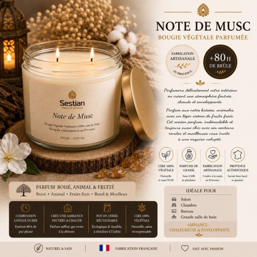 Bougie naturelle parfumée Note de Musc 370 Gr XL 2 mèches