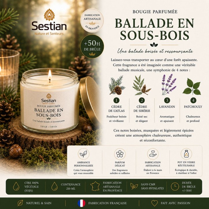 Bougie végétale parfumée Ballade en Sous-Bois 210g – Chaleureuse et authentique