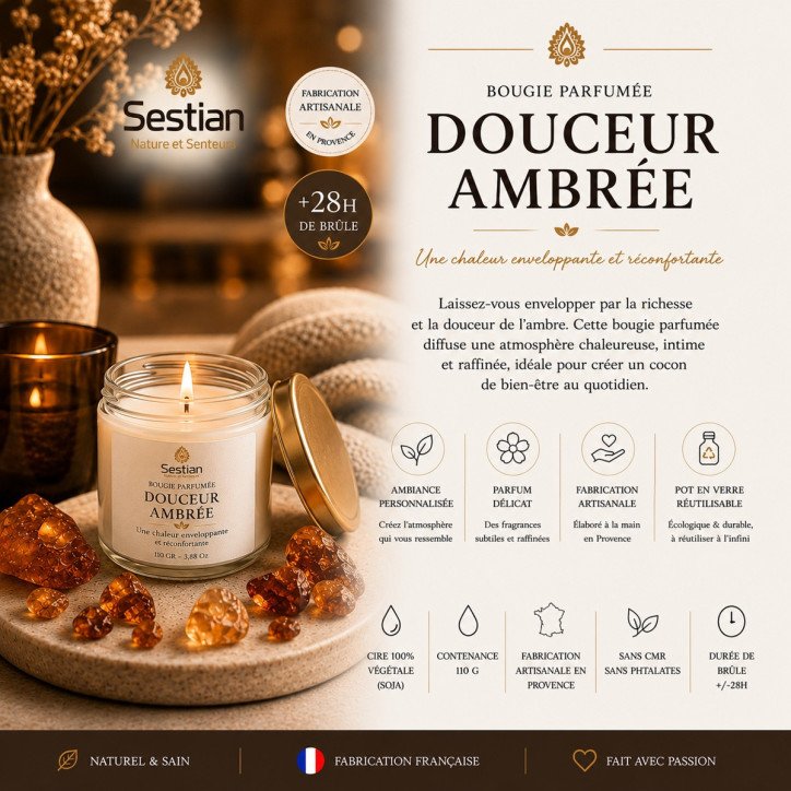 Bougie végétale parfumée Douceur Ambrée 110g – Chaleureuse et réconfortante