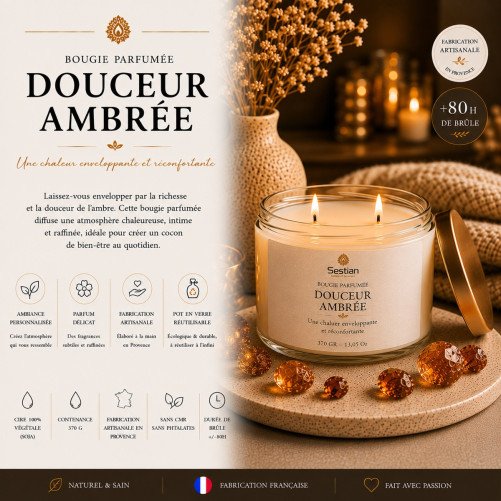 Bougie végétale parfumée Douceur Ambrée XL – 370g – 2 mèches