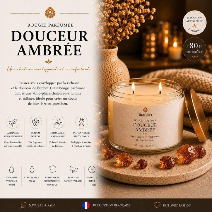 Bougie végétale parfumée Douceur Ambrée XL – 370g – 2 mèches
