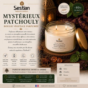 Bougie végétale parfumée Mystérieux Patchouly XL – 370g – 2 mèches