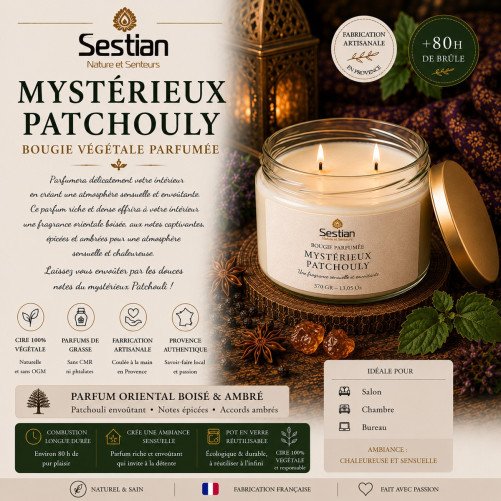 Bougie végétale parfumée Mystérieux Patchouly XL – 370g – 2 mèches