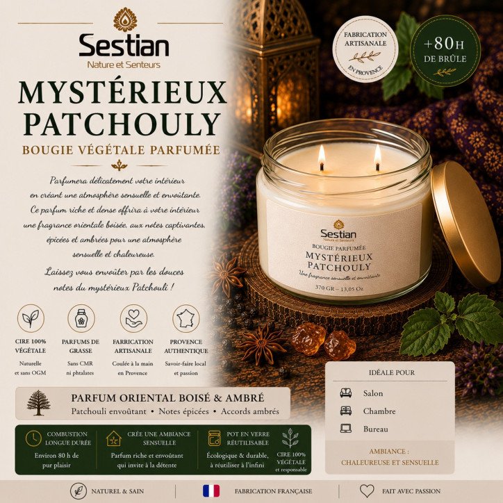 Bougie végétale parfumée Mystérieux Patchouly XL – 370g – 2 mèches