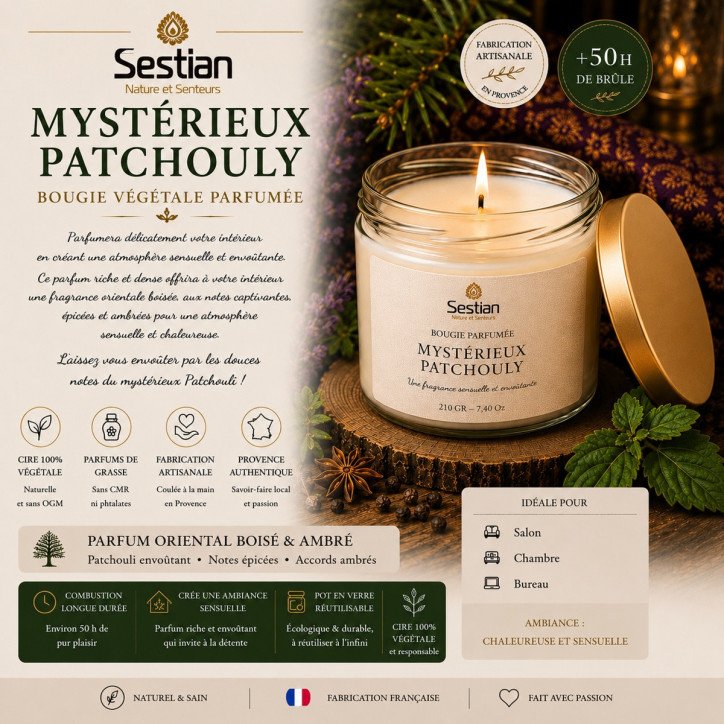 Bougie végétale parfumée Mystérieux Patchouly 210g – Orientale et chaleureuse