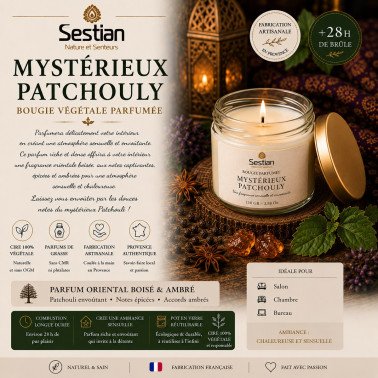Bougie végétale parfumée Mystérieux Patchouly 110g – Sensuelle et envoûtante