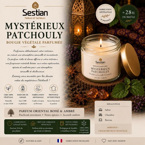 Bougie naturelle parfumée Mystérieux Patchouly 110 Gr