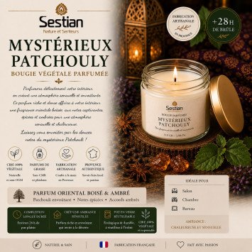 Bougie végétale parfumée Mystérieux Patchouly 110g – Sensuelle et envoûtante