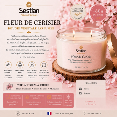 Bougie végétale parfumée Fleur de Cerisier XL – 370g – 2 mèches