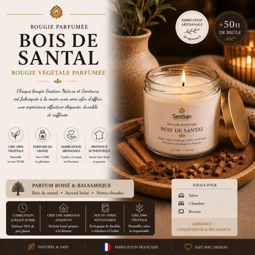 Bougie naturelle parfumée Bois de Santal 210 Gr