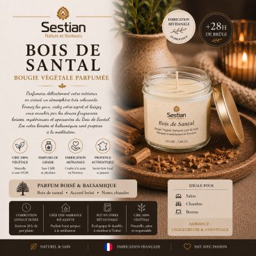 Bougie végétale parfumée Bois de Santal 110g – Relaxante et chaleureuse